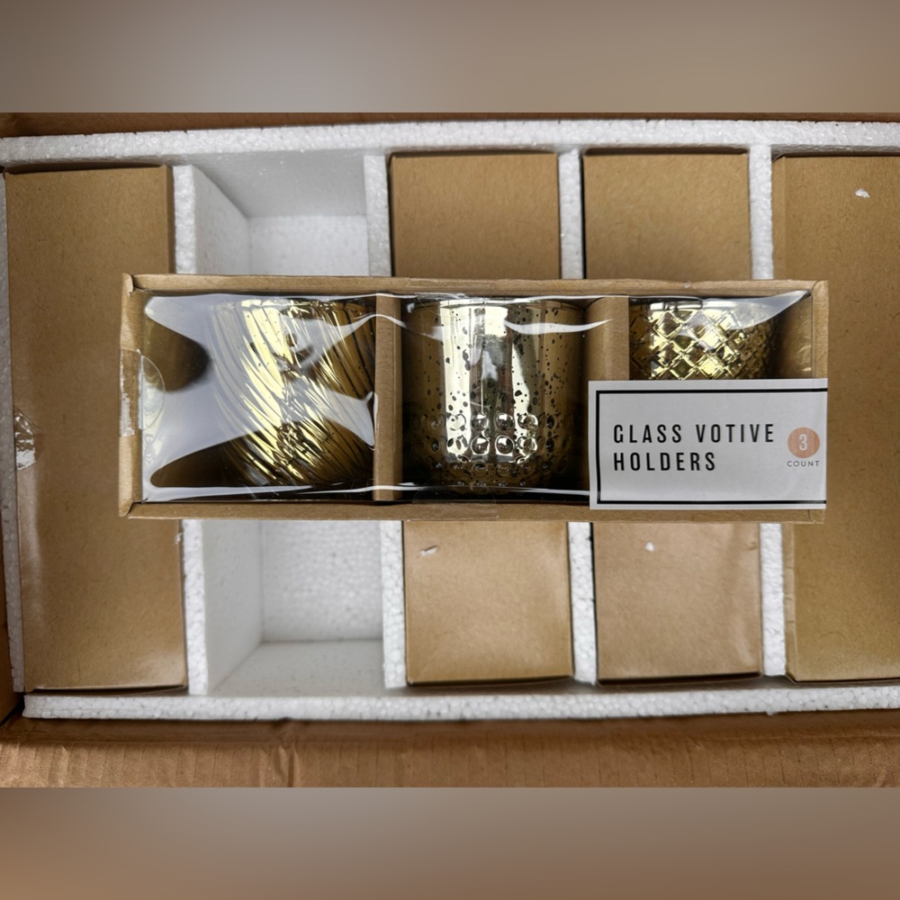 Case of Glass Votive Candle Holders – 5 Packs of 3 /Clear & Gold Mixed Set